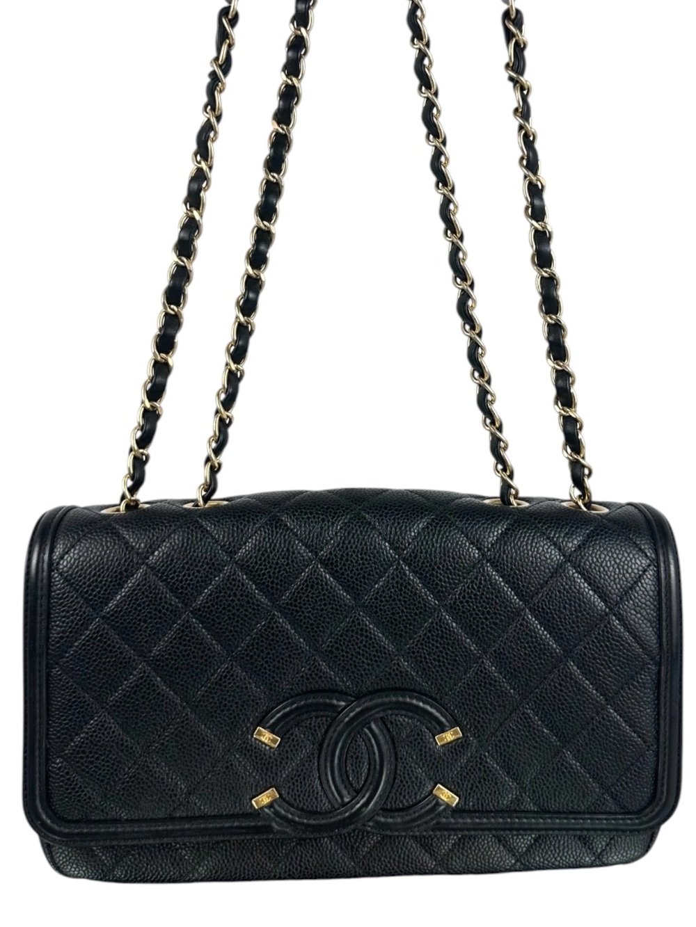 CHANEL Filigree Quilted CC Logo Caviar Skin Chain Shoulder Bag